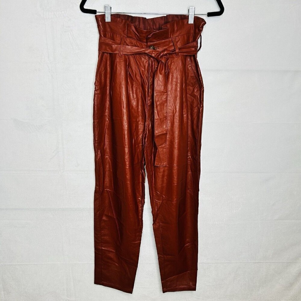 Who What Wear Pants Women Sz 4 (28x26) Sash Belt Paper Bag Faux Leather Rust Red